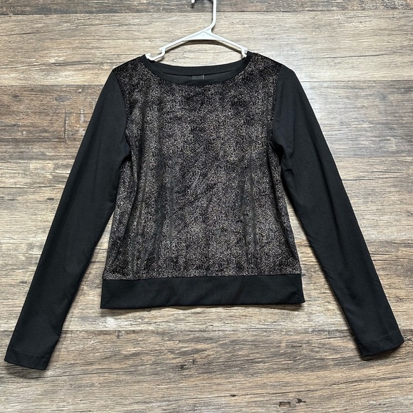 Anni Kuan Black and Gold Graphic Fitted Long Sleeve Top P - Picture 1 of 6